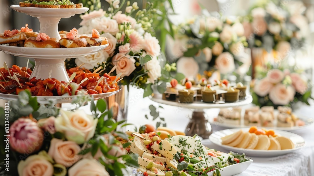 elegant wedding reception buffet with gourmet appetizers and floral decorations soft focus background