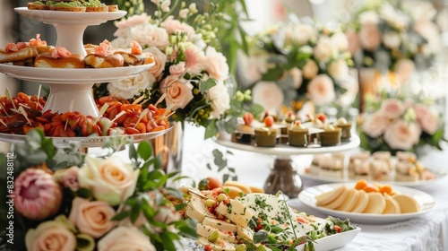 elegant wedding reception buffet with gourmet appetizers and floral decorations soft focus background