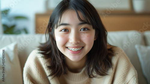 beautiful smiling Japanese woman with braces sitting on a minimalist sofa, Ai Generated images