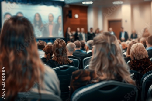 a professional conference scene with an audience attentively listening to a speaker a modern presentation hall