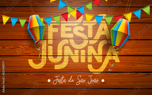 Festa Junina Illustration with Party Flags and Paper Lantern on Vintage Wood Background. Vector Brazil June Traditional Holiday Festival Design for Celebration Banner, Greeting Card, Invitation or