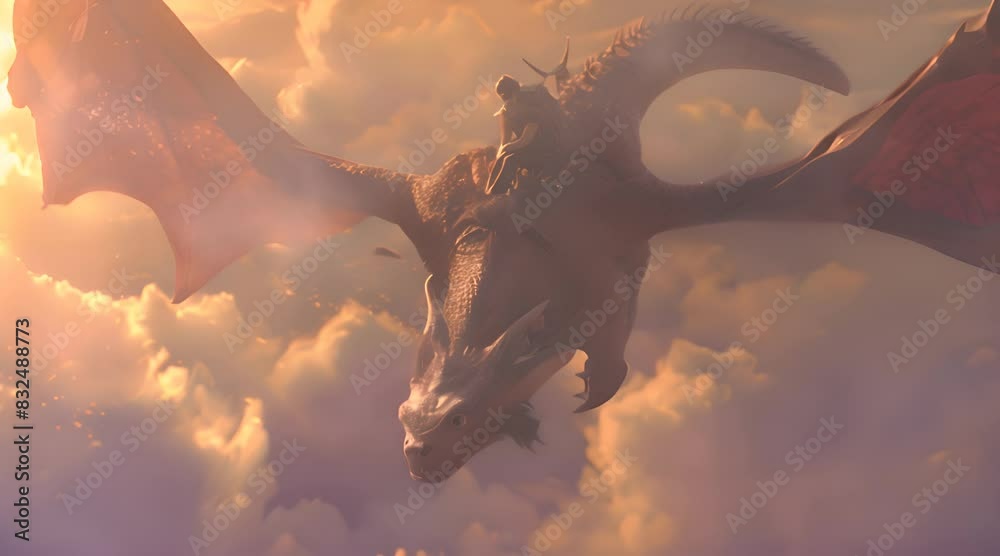 A dragon flying in the air between clouds with a man in the fantasy world 