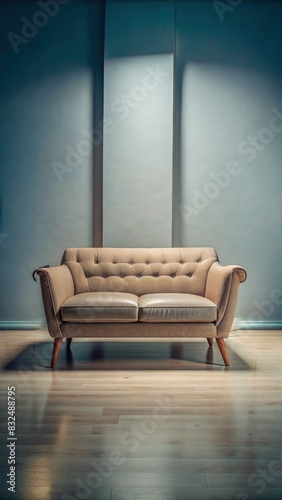 Couch Positioned on Hardwood Floor. Generative AI © Irina
