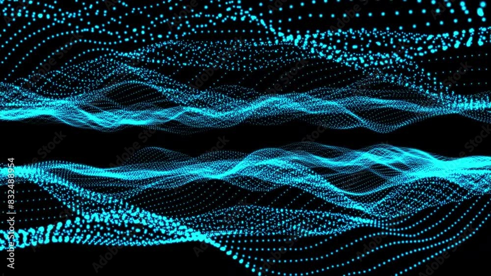 3D animation of blue particles forming a flowing wave pattern against a black background, creating a dynamic and futuristic visual effect