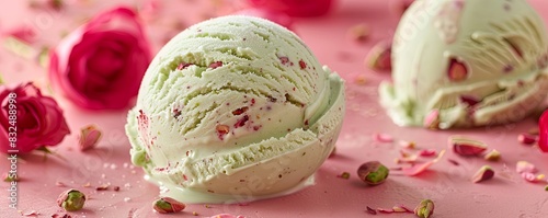 A scoop of pistachio rose ice cream on a coral background, nutty and floral