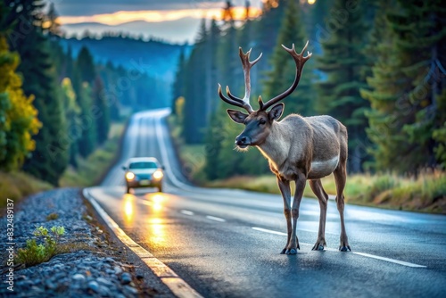 Deer Standing Next to Car on Road. Generative AI