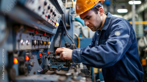 Wallpaper Mural Male engineer in safety helmet operating heavy machinery in a factory setting. Torontodigital.ca