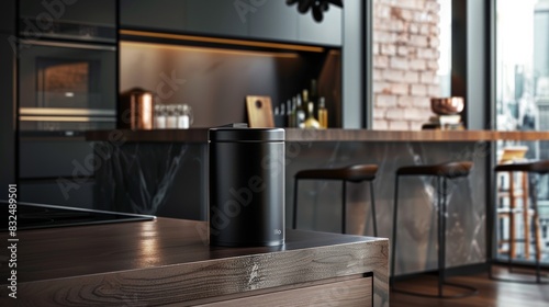 Modern kitchen interior with a black trash can