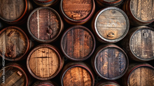 Background of weathered wooden wine barrels, ideal for winery themes