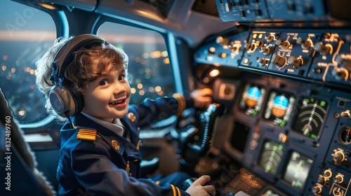 excited child dreaming of becoming airplane pilot posing in cockpit wearing captain uniform aspirational portrait photography