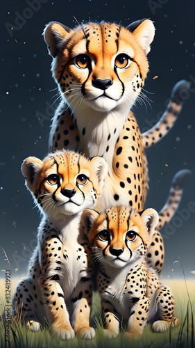 Stunning photo of two playful baby cheetahs posing alongside their graceful mother. The great cheetah In a field full of life and movement Combine the endless environment of the boundless and ethereal