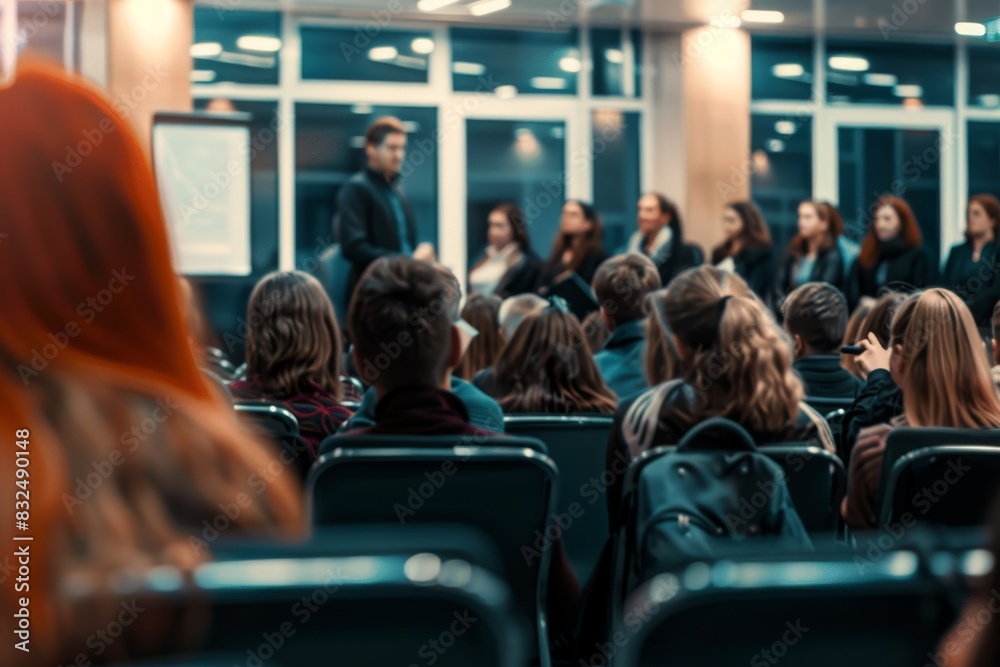 a professional conference scene with an audience attentively listening to a speaker a modern presentation hall