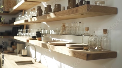 Modern kitchen interior with wooden shelves and natural elements