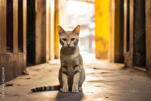 Portrait of a cute javanese cat in bustling school hallway