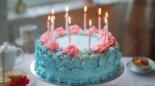 festive pastel blue birthday cake with six glowing candles celebration concept