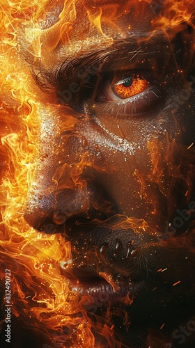 An anguished expression framed by flames, illustrating the scorching effect of heat, Fire element,
