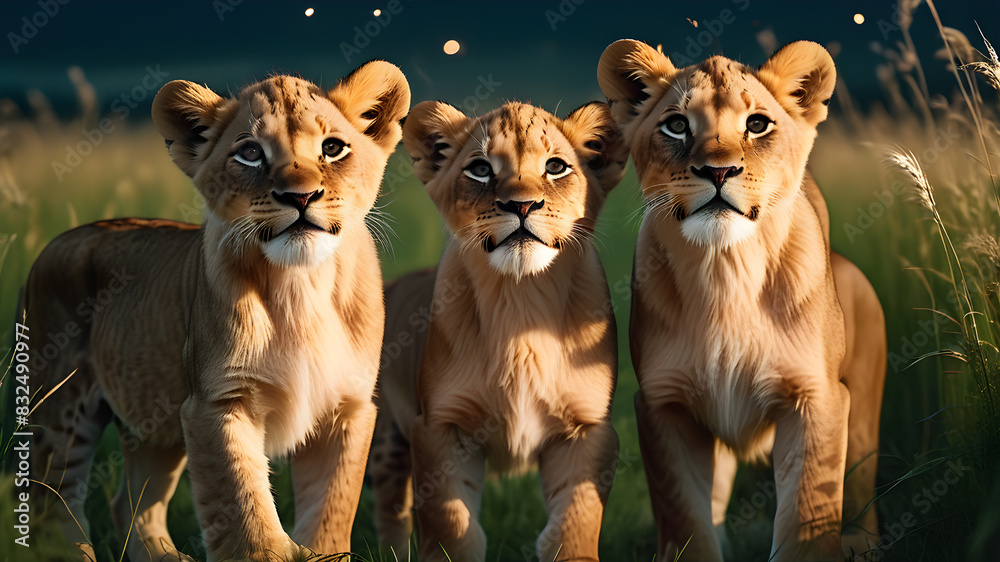 Stunning pictures where two playful little lions stand side by side with their graceful mother. great lion In a field full of life and movement Combine the endless environment of the boundless and Stunning pictures where two playful little lions stand side by side with their graceful mother. great lion In a field full of life and movement Combine the endless environment of the boundless and