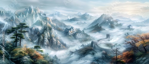 A breathtaking illustration of the Great Wall of China winding through misty, rugged mountains, with vibrant autumn foliage and a serene, ethereal atmosphere. photo