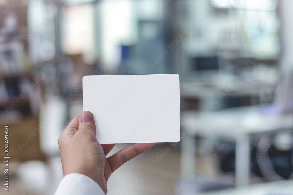 A close-up of a blank white card held by a hand with a blurred office background, perfect for adding custom text or designs. The card is centered in the frame, offering ample copy space. A close-up of a blank white card held by a hand with a blurred office background, perfect for adding custom text or designs. The card is centered in the frame, offering ample copy space.