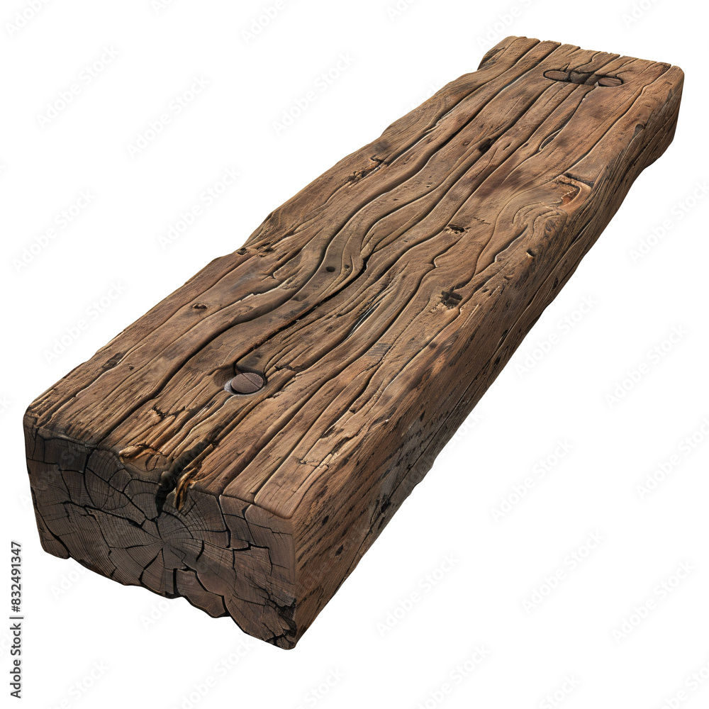 Fototapeta premium Wooden beam with notches die cut PNG style isolated on white and transparent background