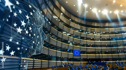 Symbols for Upcoming European Parliament Elections, European Union flag motif against a backdrop of multiple waving EU flags