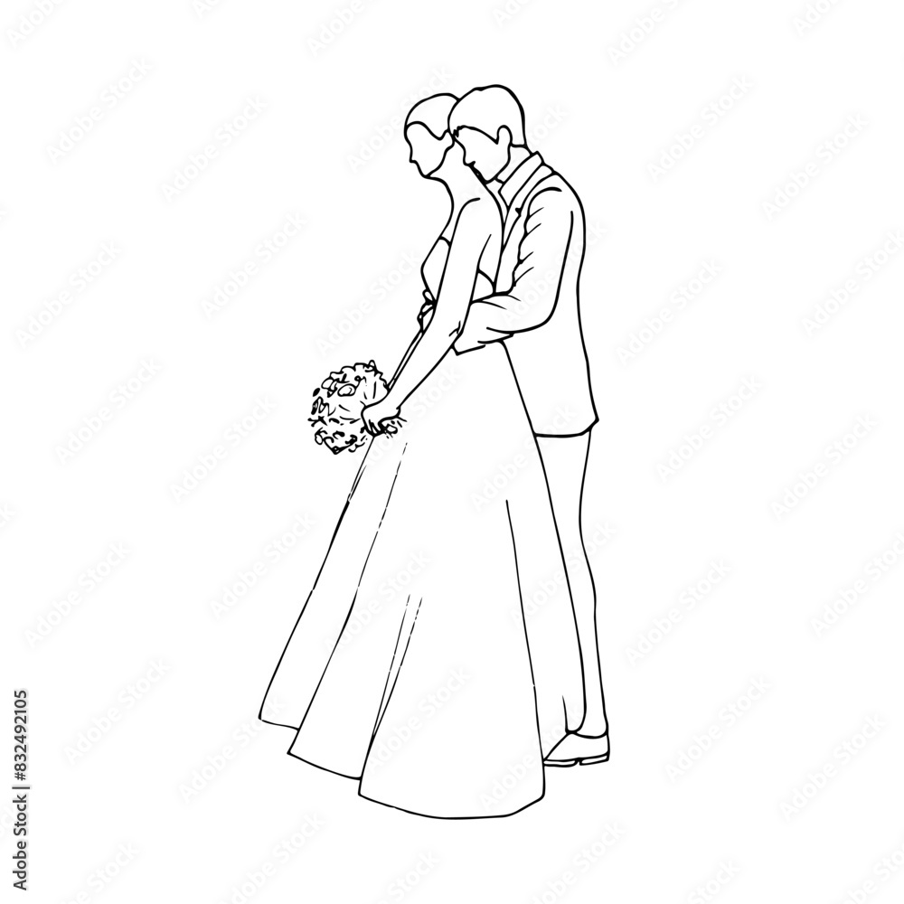 bride and groom stand at full height hugging. a man in a suit hugs a woman with a bouquet in his hands from the back. wedding minimalistic sketch vector illustration bride and groom stand at full height hugging. a man in a suit hugs a woman with a bouquet in his hands from the back. wedding minimalistic sketch vector illustration