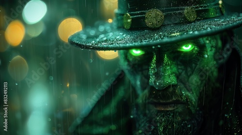 Cyborg leprechaun with a neon green hat, distributing digital gold coins on St Patrick Day photo