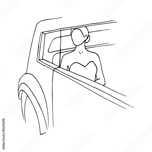 bride sitting on the back seat of a car, outside view. concept of a woman in an evening dress, a bustier with open shoulders, sitting in a salon on the back seat. hand drawn illustration