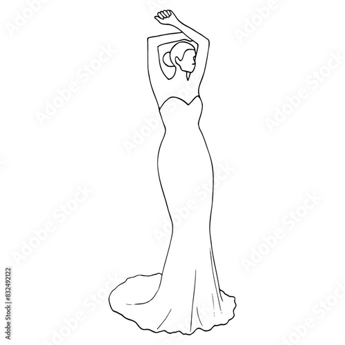 bride in a minimalist wedding dress gracefully raised her arms above her head and poses at full height. minimalistic sketch vector illustration of a slender woman in an off-shoulder bustier dress