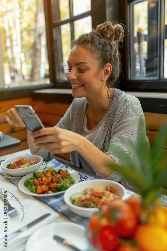 Una foto de una mujer sonriente y cálida, de apariencia mixta, hiperrealista, tomando una foto de su bol de verduras en un restaurante soleado y luminoso
