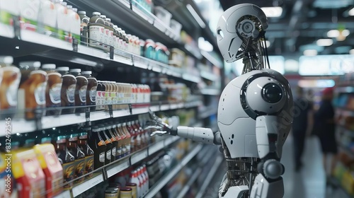 futuristic humanoid robot shopping in supermarket aisle aigenerated conceptual illustration photo
