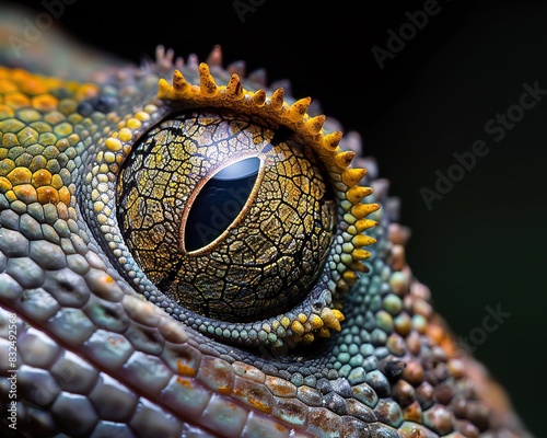 Detailed shot of a geckos eye, revealing the intricate patterns and night vision capabilities, ideal for herpetological research photo