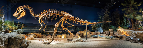 Dinosaur skeleton displayed at a nighttime paleontology museum © Shutter2U