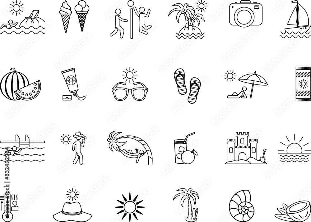 Summer Icons Set. Vector Icons of Beach, Sun, Beach Volleyball, Watermelon, Luggage, Ice Cream, Hot, Pool, Sunglasses, Coconut, and Other Summer Icons Set. Vector Icons of Beach, Sun, Beach Volleyball, Watermelon, Luggage, Ice Cream, Hot, Pool, Sunglasses, Coconut, and Other