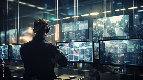 Security guards in security control room with video wall or legal service of danger in office Worker, law patrol, Police Officer's Expertise in an Emergency Call Center, Blurred image