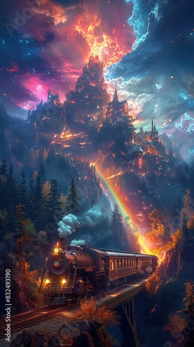 Fantasy scene with a train chugging along a brilliant rainbow, connecting distant, mystical lands