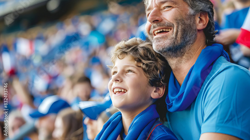 French father and son among enthusiastic supporters at a sports event, dressed in blue © Shutter2U
