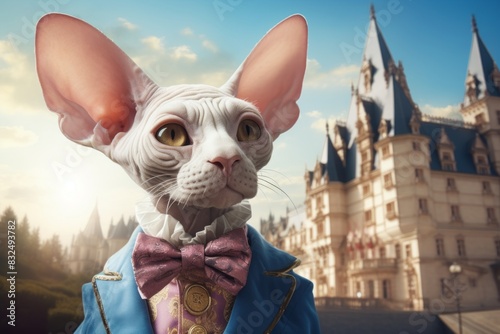 Portrait of a funny sphynx cat in backdrop of a grand castle