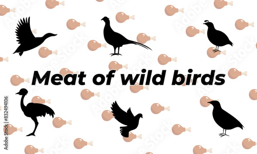 Vector meat of wild birds icons. Solid icon. Mallard  pheasant  partridge  ostrich   dove. Colored  chicken leg pattern  backgraund. Popular game meat concept.