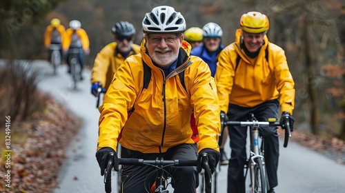 group of retired elderly people cycling outdoors in bright safety gear