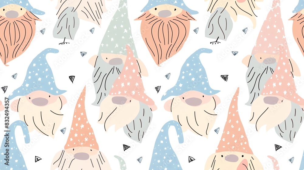 Seamless pattern of hand-drawn pastel-colored gnomes with whimsical hats, creating a charming and playful design Seamless pattern of hand-drawn pastel-colored gnomes with whimsical hats, creating a charming and playful design