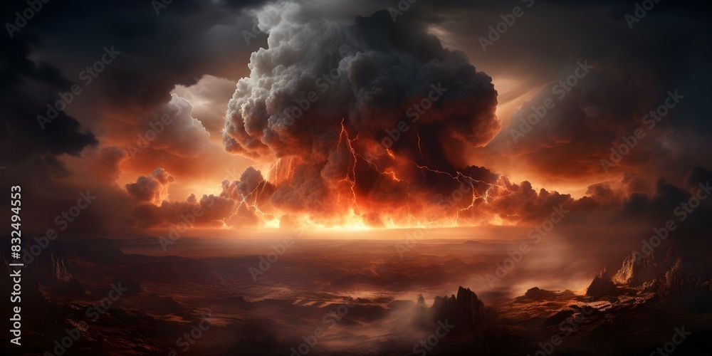 An Aerial Perspective of a Foreboding Explosion Cloud Indicating a Technological Crisis or Conflict. Concept Technology Crisis, Aerial Perspective, Foreboding Explosion, Conflict, Dramatic Scene
