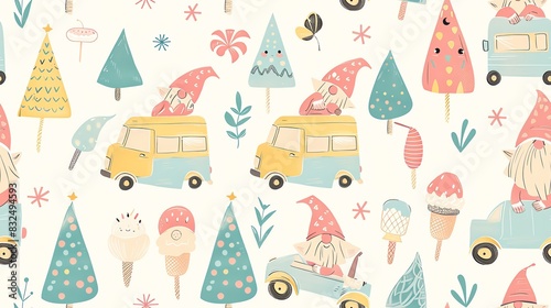 Soft pastel seamless pattern featuring gnomes and coffee pots  with delicate hand-drawn details for a charming effect