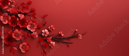 Vibrant red blossoms on dark branches against a red background  evoking a bold and lively atmosphere.