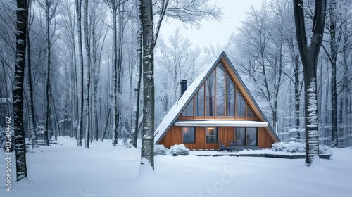 Modern Aframe cabin in a snowcovered winter forest photo