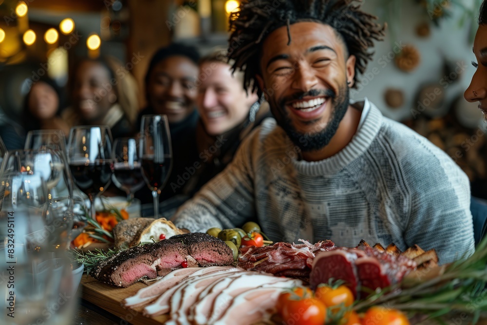 Happy friends sitting at restaurant tables drinking red wine - multi-racial young people enjoying a rooftop dinner party together - food and drink concepts, tourism concepts