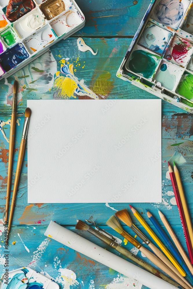 A blank card on a creative artist's desk with sketchbooks, pencils, and paint, perfect for artistic or creative content with a vibrant and inspiring backdrop. A blank card on a creative artist's desk with sketchbooks, pencils, and paint, perfect for artistic or creative content with a vibrant and inspiring backdrop.