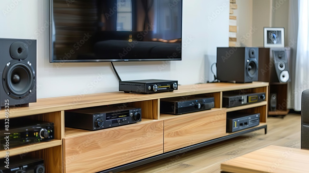 Stateoftheart home entertainment system in a contemporary family room, with a TV mounted on the wall, audio system, and wooden stand Stateoftheart home entertainment system in a contemporary family room, with a TV mounted on the wall, audio system, and wooden stand