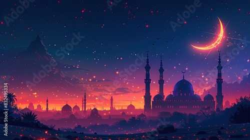 Eid Mubarak, Eid al-Fitr and Ramadan. Illustrations of a holiday, an evening mosque with a crescent moon, for banner background 
