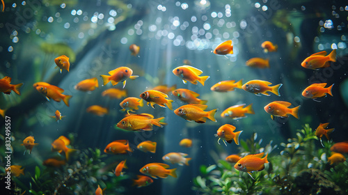 An aquarium with a variety of tropical fish swimming among green aquatic plants